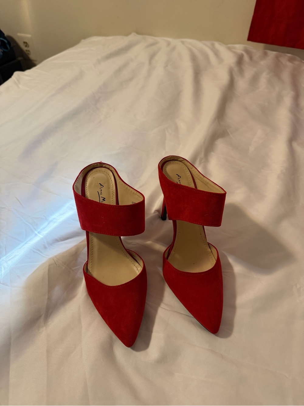 Anne Michelle Red Pointed Strap Suede Heels